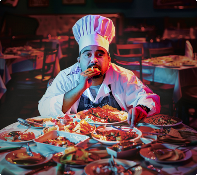 Homme qui mange plein de plat